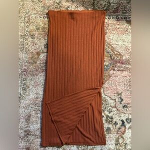 Topshop Bodycon Ribbed Midi Skirt with Slit in Deep Orange